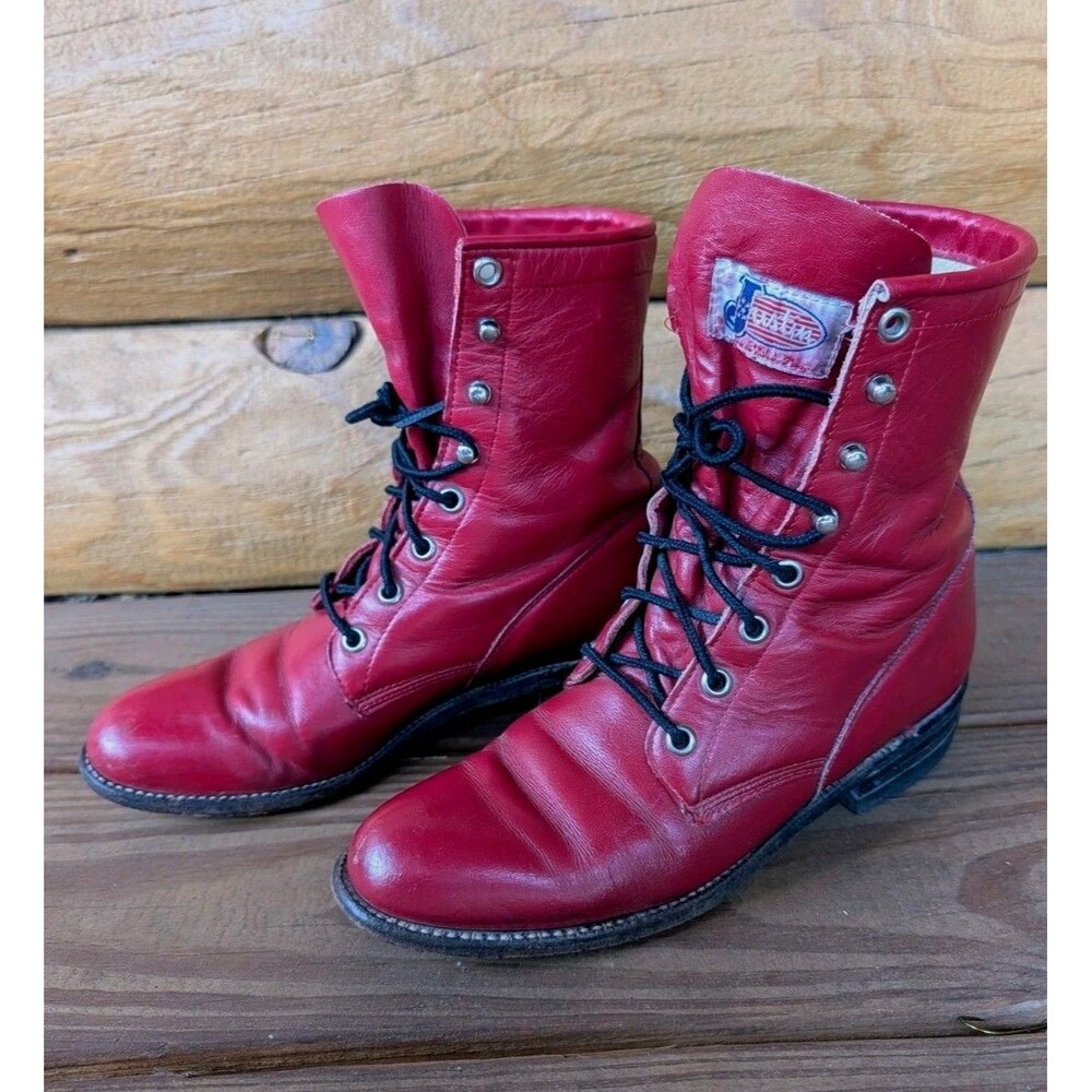 Justin Roper Kiltie Red Leather Boots Cowgirl Lace Up L503 Sz 5.5 B Granny Style
